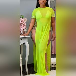 2 Pcs Lime Women's Swimsuit & Cover Up See Through Sheer Long Maxi top & SUIT